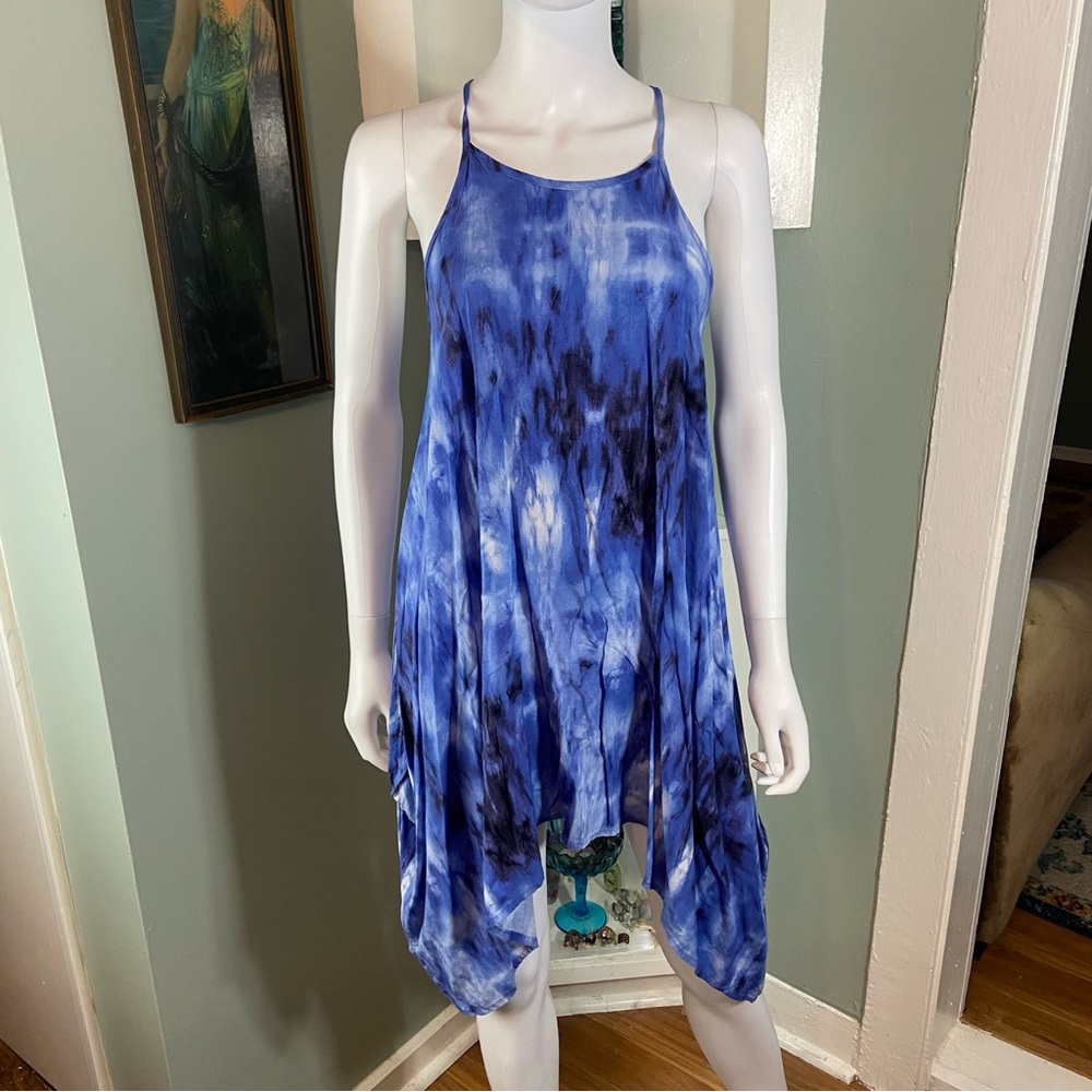 3/$12 KLD Signature Rayon Blue White Tie-Dye Mini Asymmetrical Dress resortwear
